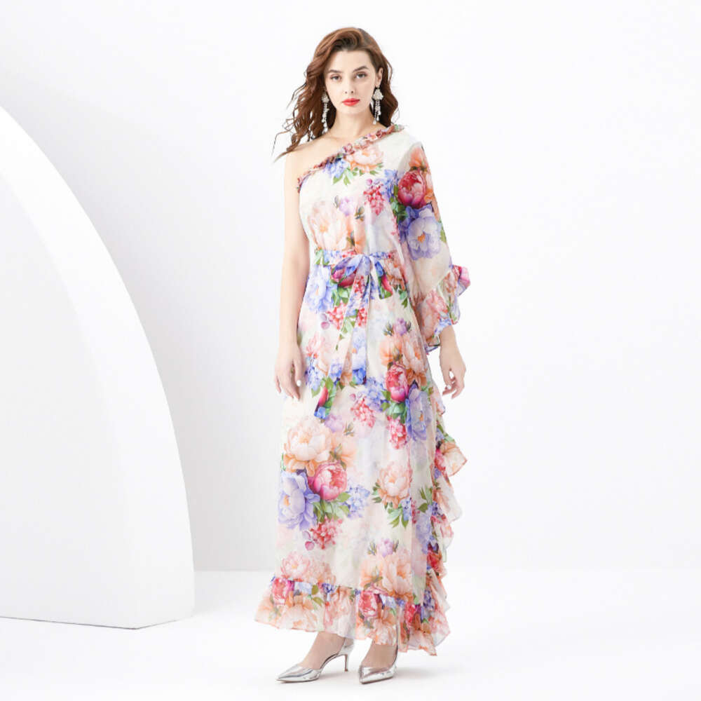Spring/summer 2024- Vacation Style One Shoulder Wooden Ear Strap Long Wide Swing Printed Dress Novelty Loose Temperament Bifurcated Round Neck Dress B