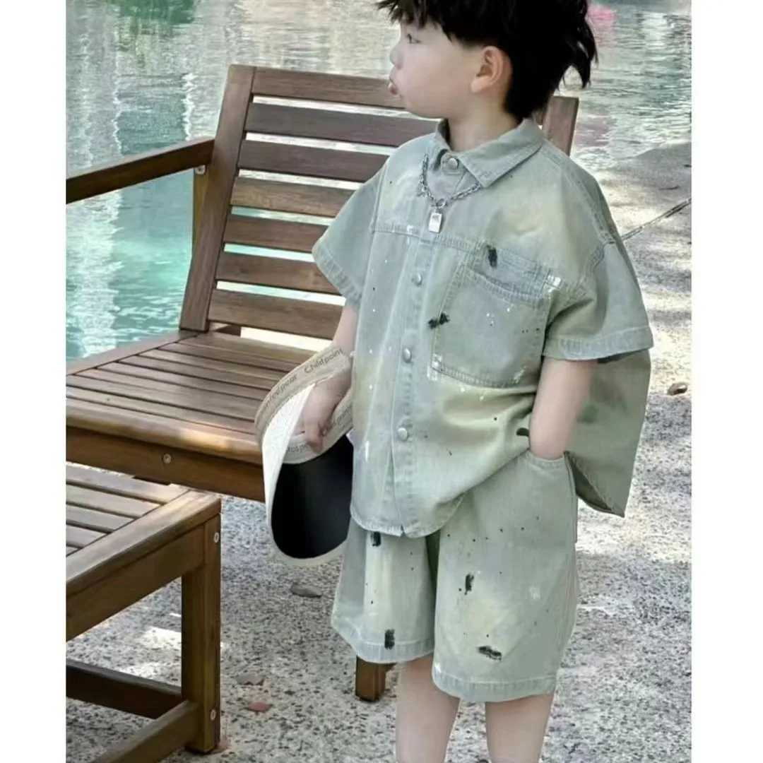 Clothing Sets Kid Thin Clothes Boys Summer Set 2024 New Girls Splashing Ink Washing Soft Denim Short Sleeved Shirt and Shorts 2pcs 2-7Y