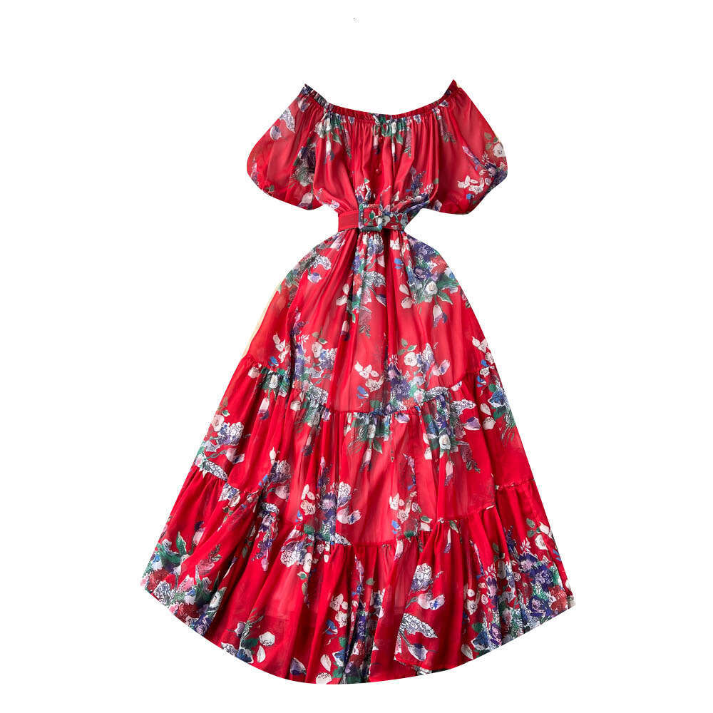 French One Shoulder Fragmented Flower Dress Womens Summer New Elegant and Stylish Slim Bubble Sleeves Super Immortal Chiffon Bifurcated BOHO DRESS