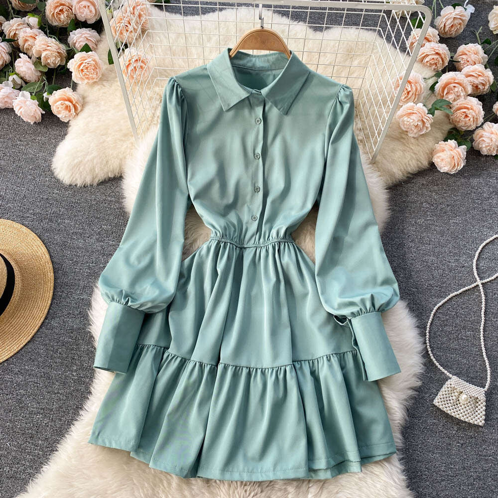 Solid Color, Simple Bubble Sleeves, Temperament, Waist Cinching, Slimming Shirt Skirt, Small Stature, Fashionable and Stylish, Pleated Dress BOHO DRES