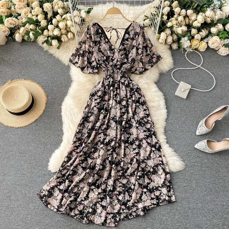 Vacation Dress Summer 2024 New Sexy V-neck Waist Slim and Long Chiffon Flower Beach Skirt Loose Short Sexy Self-cultivation Lace Dress Oversize Dress