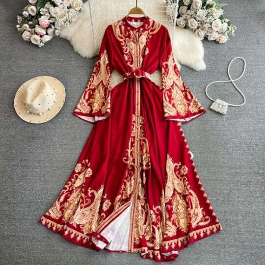 Palace Style Speaker Long Sleeved Lapel with Waistband Single Breasted A-line Positioning Printed Dress for Women Loose Bifurcated Lace Dress