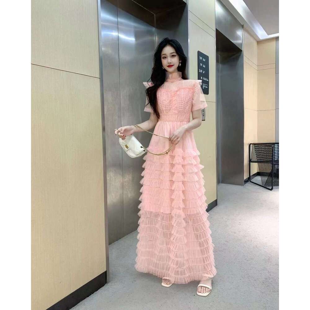 Fashion Leisure Time Popular Summer New Celebrity French Cake Skirt Mesh Spliced and Elegant High Waist Fluffy Dress Fishtail Dress Waist Temperament 