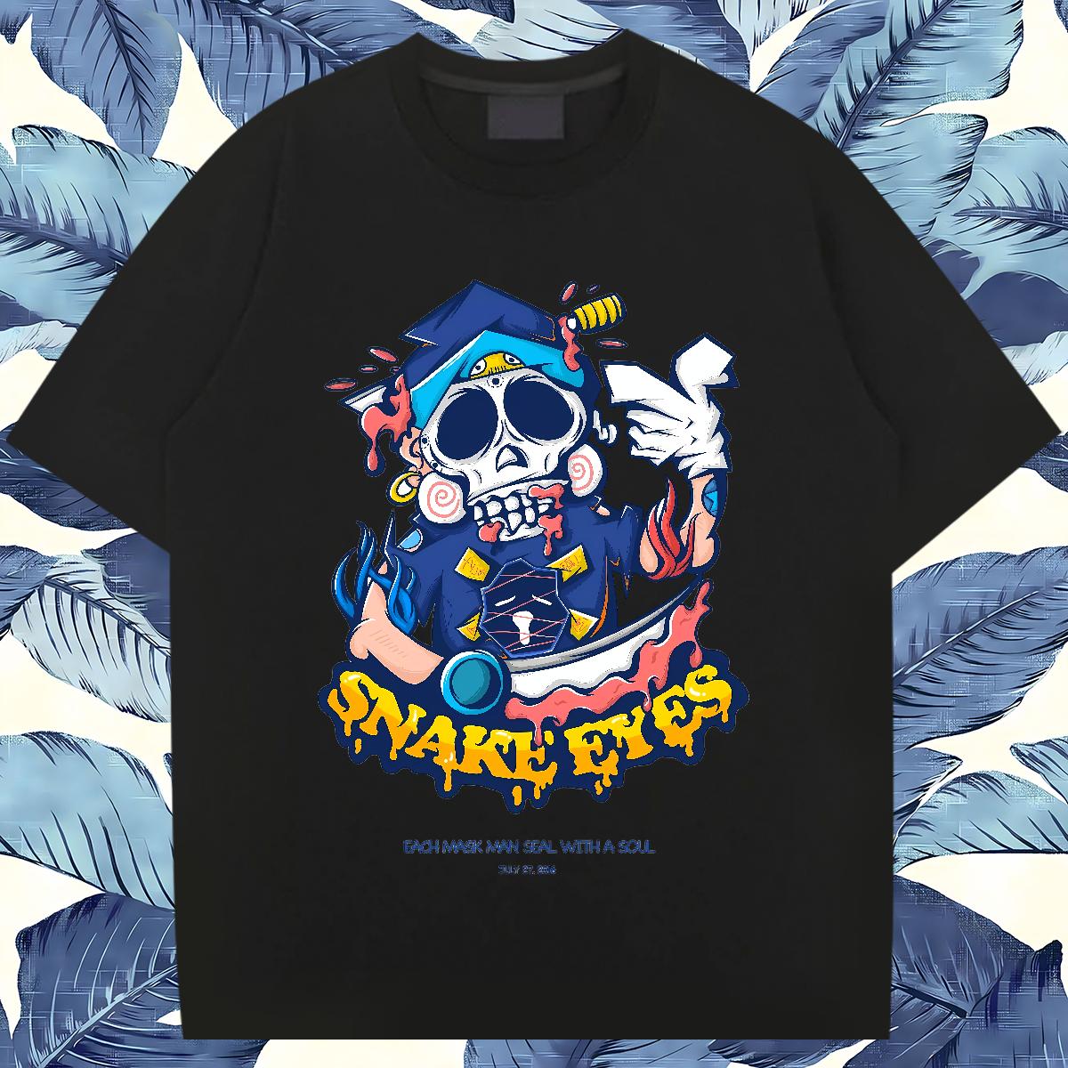 2024 Summer Man T Shirts Skeleton 100% Cotton 230g Floral Print Home Outdoor Men Tops Tees Breathable Short Sleeve Classic