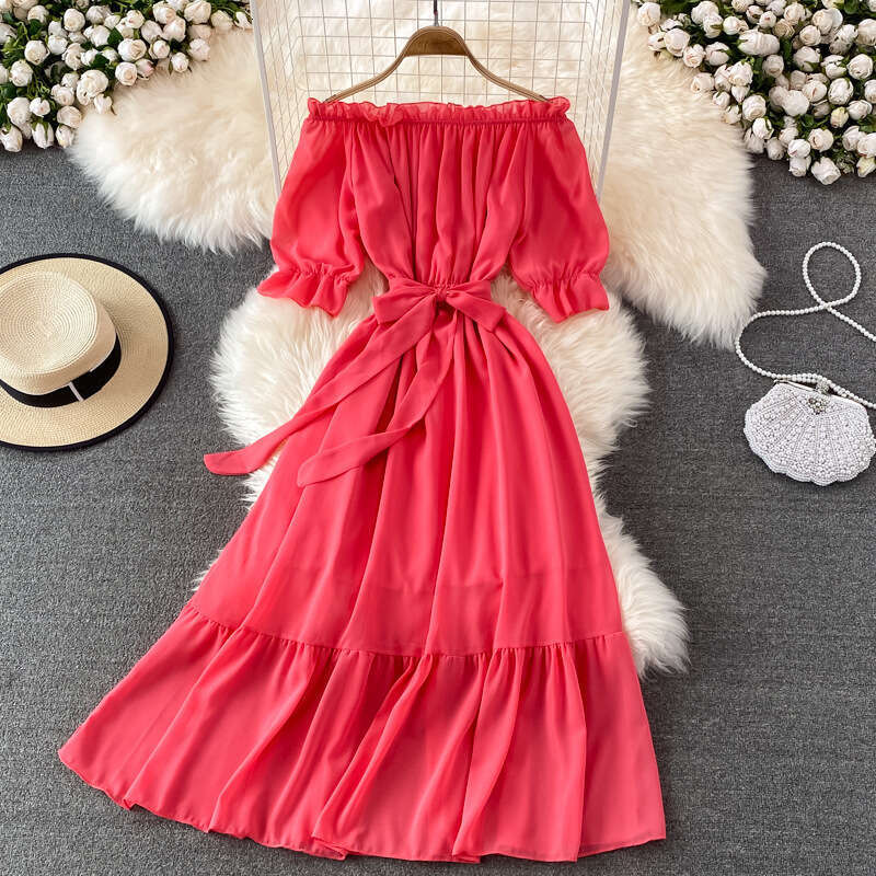 Vacation Beach Skirt Fashionable Sexy Off the Shoulder and Elegant Style Large Swing Long Dress Self-cultivation Novelty Pregnant Womens Dress Oversiz