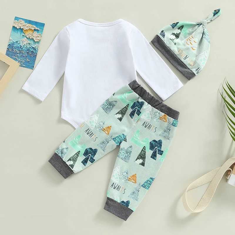 Clothing Sets Baby Boys Fall Clothes Outfit Letter Mountains Print Crew Neck Long Sleeve Romper Elastic Waist Long Pants Hat 3Pcs Set