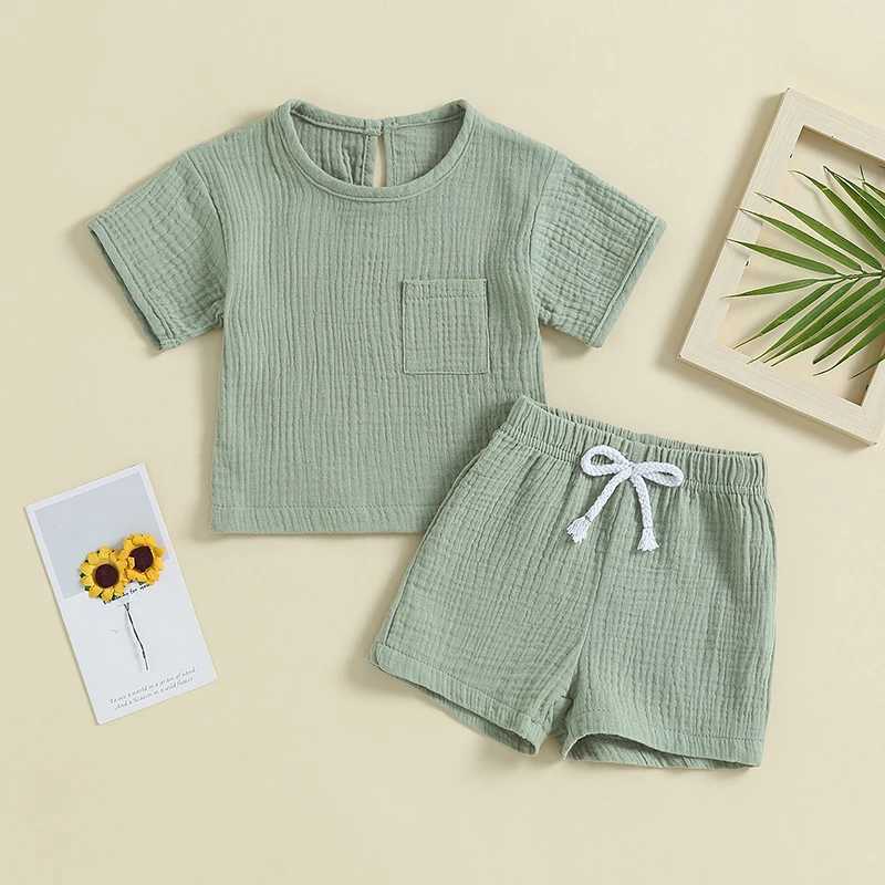 Clothing Sets Summer Toddler Baby Boys Girls Outfit Clothes Sets Solid Color Short Sleeve Pocket T-Shirt + Shorts Baby Children Clothing