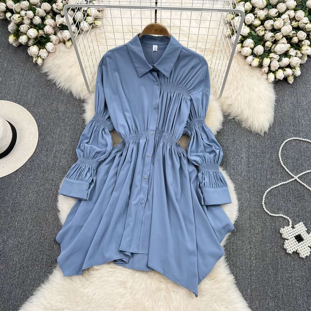 Hong Kong Style Single Breasted POLO Collar Slimming Shirt Skirt Spring High Waisted Long Sleeved Loose A-line Dress Temperament Silk Dress Round Neck