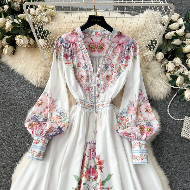 Early Spring New French Printed Button Slim Fit Long Fashionable Bubble Sleeves with Elegant Dress Sexy Loose Bifurcated Novelty Waist Oversize Dress