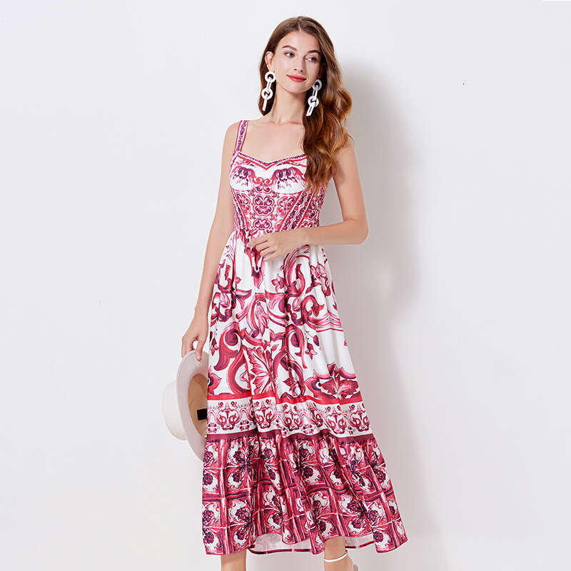 Vacation Style Blue and White Porcelain Beautiful Camisole Long 2023 Summer New Waistband Pressed Pleated Commuting Printed Dress Novelty Short Denim 