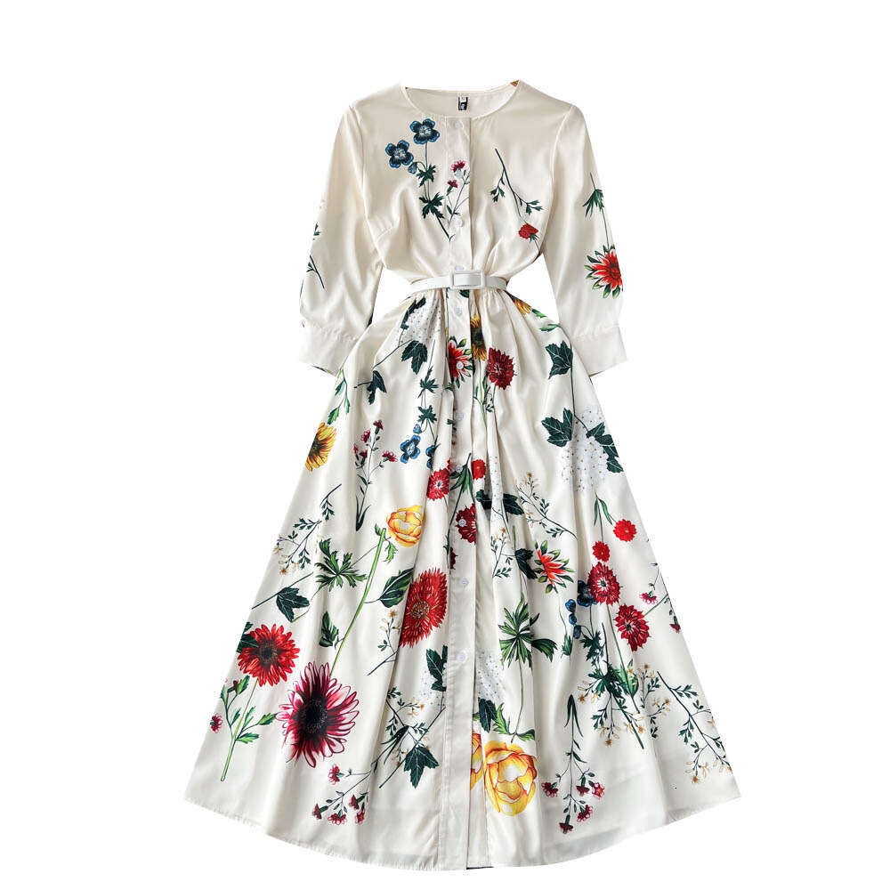Instagram Style Spring/summer New High-end Print Fashion Slim Fit Temperament Single Breasted Dress Large Hem Long Skirt Bifurcated Temperament Waist 