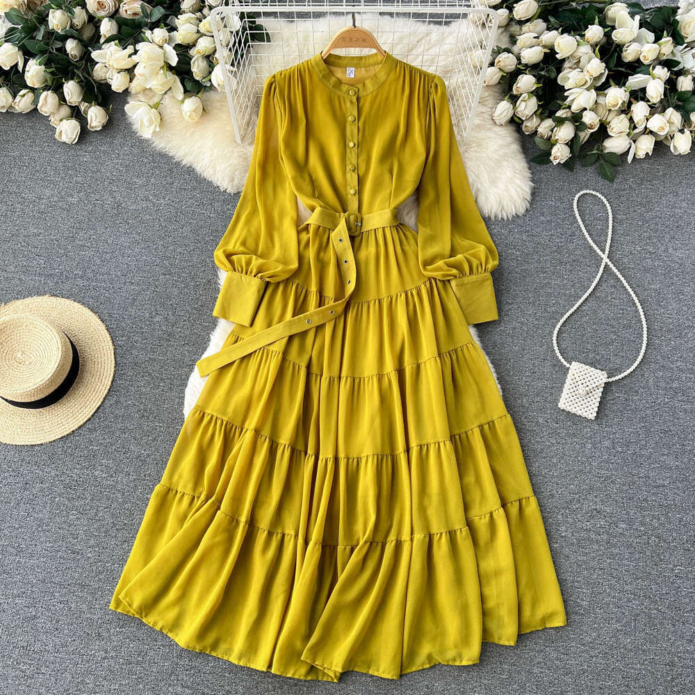 Spring New V-neck Single Breasted Chiffon Dress for Women French Style Waist Up Slimming and Large Hem A-line Long Skirt, Trendy Lace Dress Round Neck