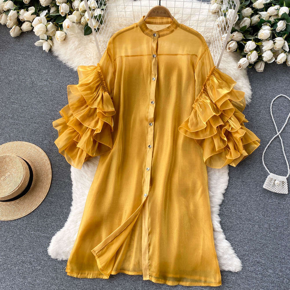 Spring Style Western-style Design with French Ruffle Edge and Three-dimensional Flower Sleeves, Loose Single Breasted Dress High Waist Dress Oversize 
