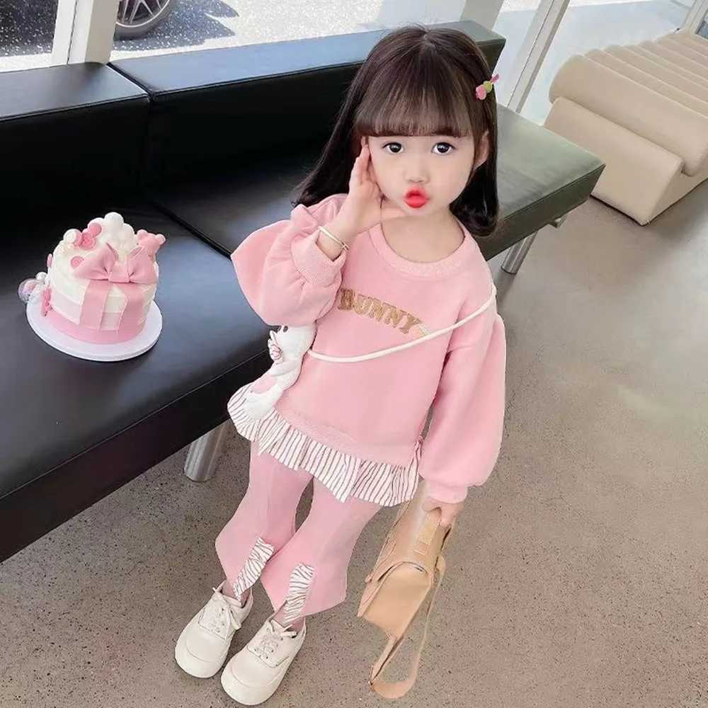 Clothing Sets Girls Spring and Autumn Fashion Western Long sleeved Set New Little Girl Pure Cotton Sweater Flare Pants Casual Two Piece Set