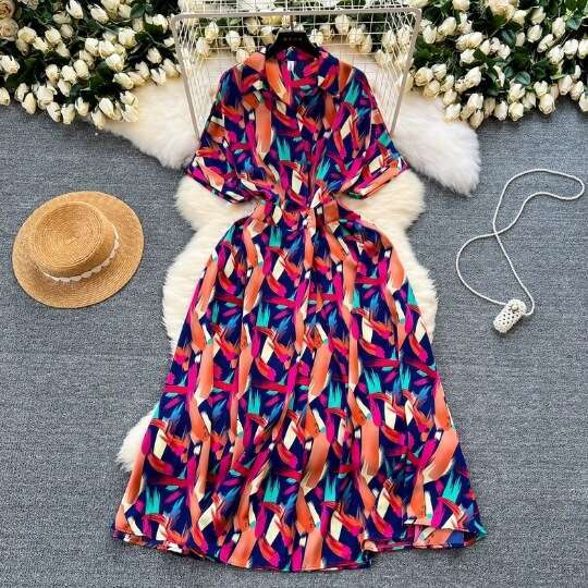 Summer New Light Mature Style, High Grade, Elegant and Fashionable Print, Waist Closing, Slim French Shirt Dress for Women Temperament Denim Dress Lac