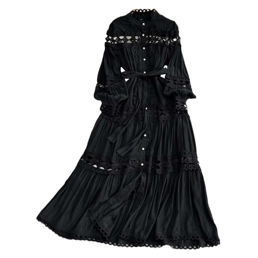 Palace Style Lantern Long Sleeved Stand Up Collar with Waistband Hollowed Out Single Breasted Elegant Dress Waist Self-cultivation Short Loose BOHO DR