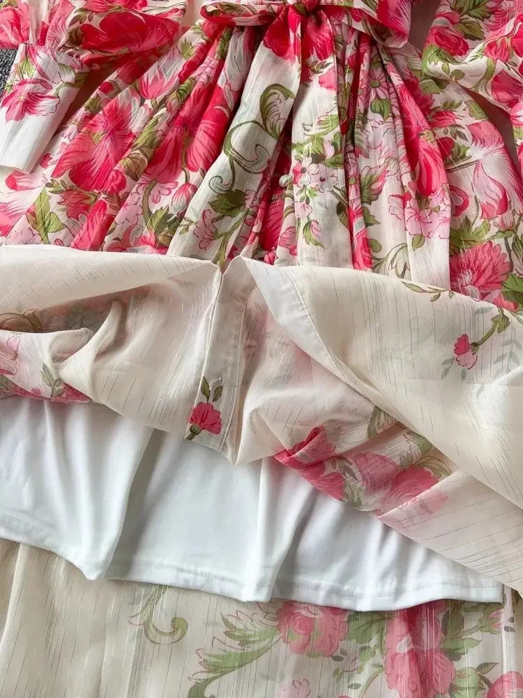 TRAF Summer Bright Silk Chiffon Gorgeous Flower A Line Dress Womens Stand Lantern Sleeve Sashes Print Loose Robe Vestidos 240712