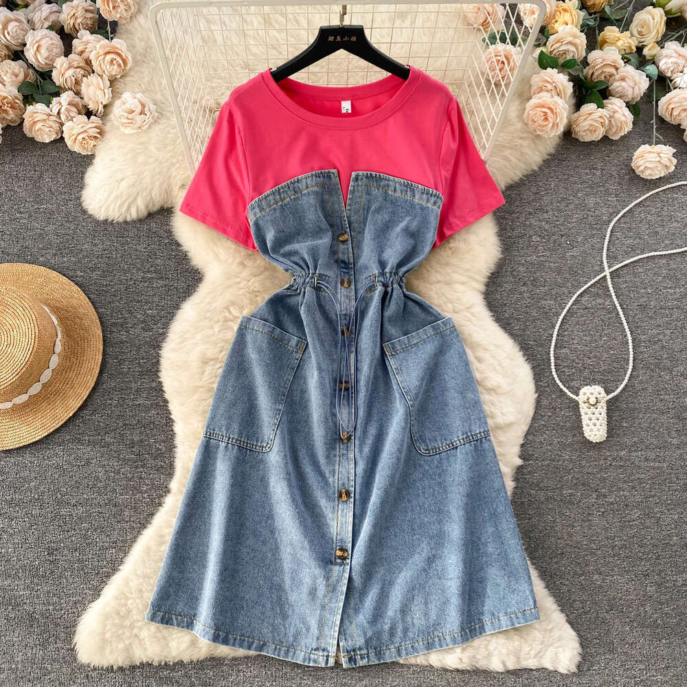 Korean Version of Emperamen and Age Reducing Vacaion Wo-piece Dress for Womens French High-end Round Neck Shor Sleeved Pachwork Waisband Denim Long