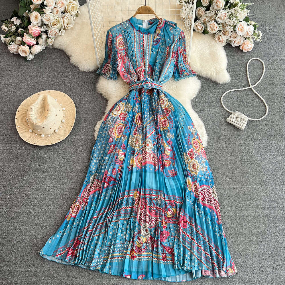 Light and Mature Style, Short Sleeved Stand Up Collar, Waist Cinched, Slimming A-line Printed Pleated Dress, Elegant Large Hem Long Skirt BOHO DRESS