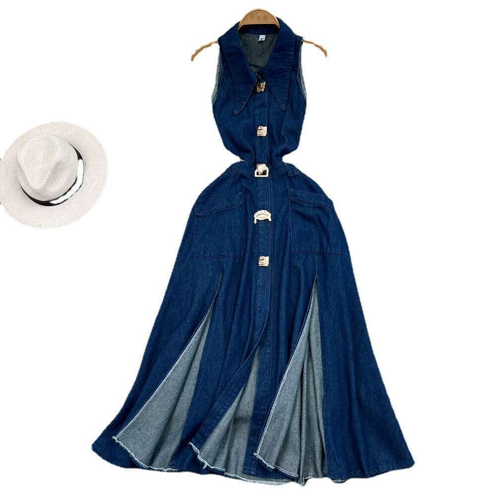 Flip Collar, Hollowed Out, Exposed Waist, Waistband, Slimming Effect, Sleeveless Single Breasted A-line Split Denim Dress, Casual Long Dress BOHO DRES