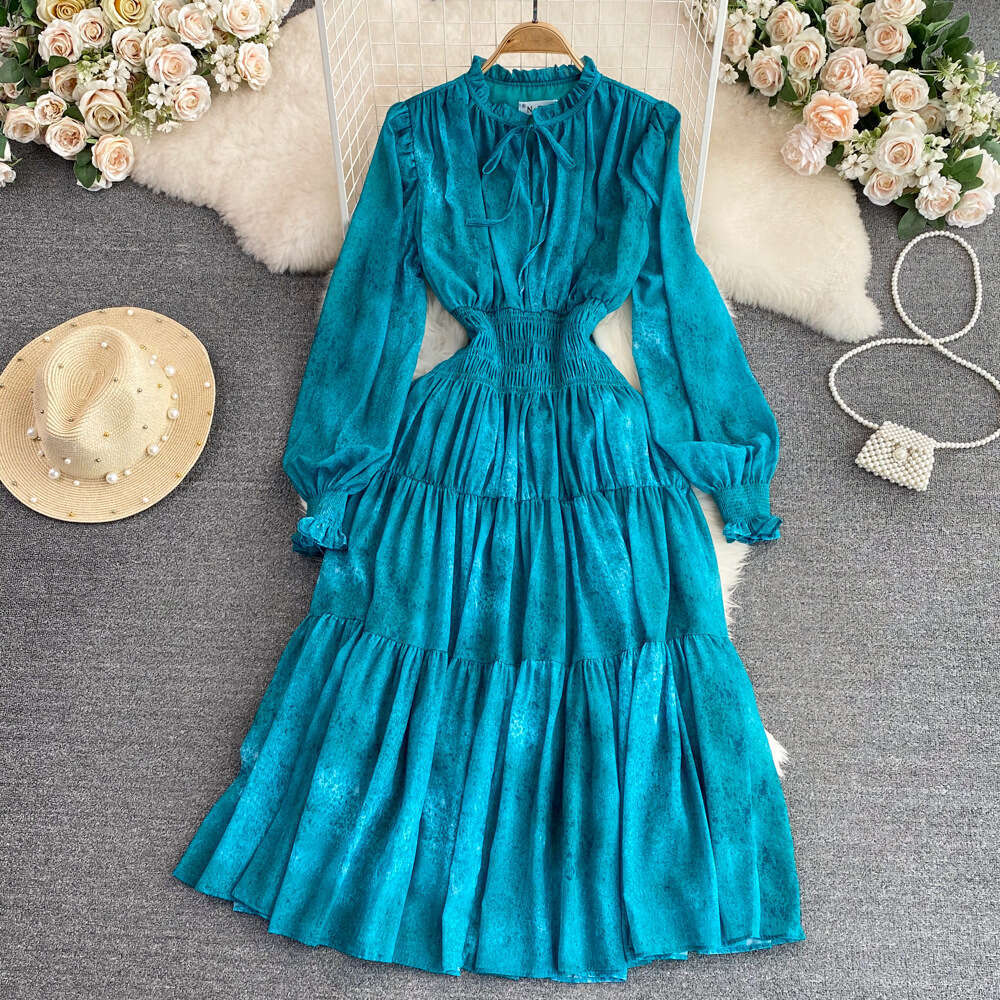 French Tea Break Skirt High End, Light Luxury Style, Wooden Ear Edge Standing Collar, Long Sleeves, Waist Wrapped, Slim A-line Dress Lace Dress Oversi