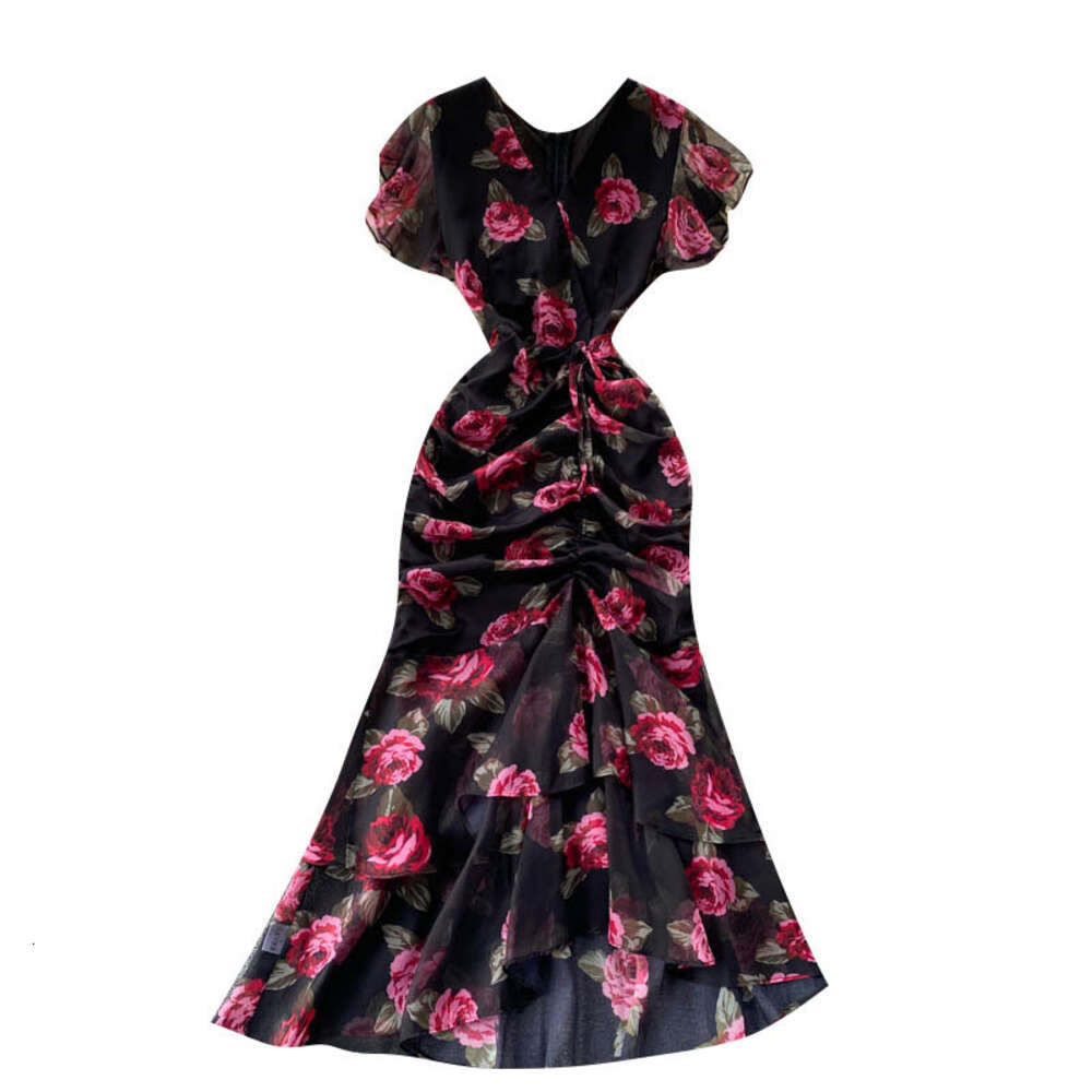 New Light Luxury Celebrity Chiffon Printed Elegant Ruffle Edge Fishtail Dress Womens Skirt Slimming Chiffon Floral Dress Sexy Dress Short Waist Silk D