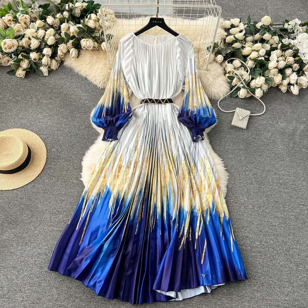 Feng 2024 New Womens Dress with Extra Large Print, Pleated Pleats, Waistband, and Holiday Dress Temperament Waist Novelty SKINNY DRESS
