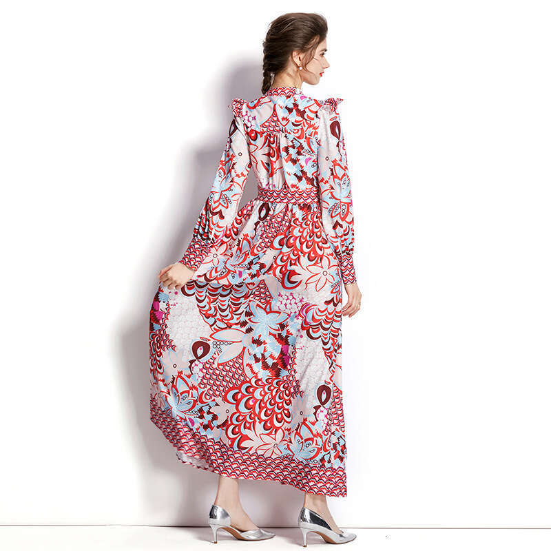 Spring Autumn Seasons Womens Clothing Slim and Elegant V-neck Sleeved Printed Flare Long Dress Self-cultivation Bifurcated Novelty Denim Dress SKINNY 