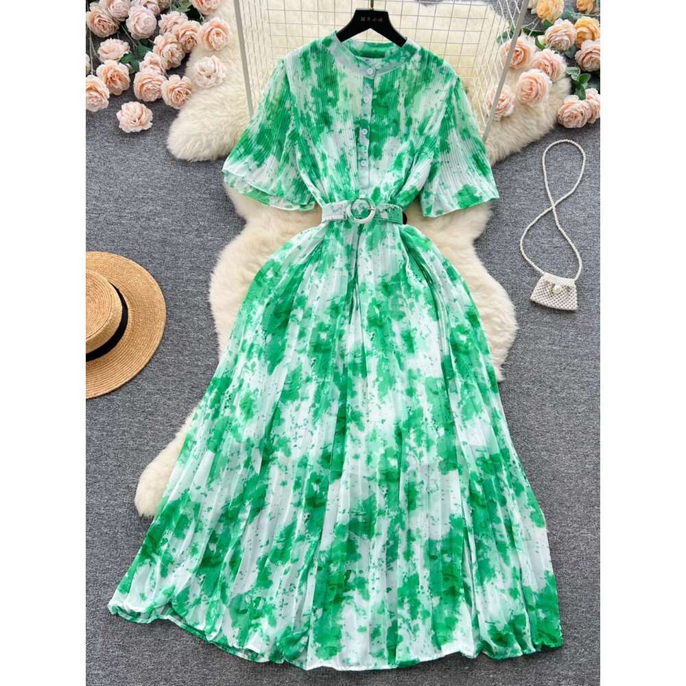 Light Luxury Elegant Round Neck Short Sleeved Halo Dyed Chiffon Dress for Women in Summer, with Slim Waist and A Large Hem Long Skirt Pregnant Womens 