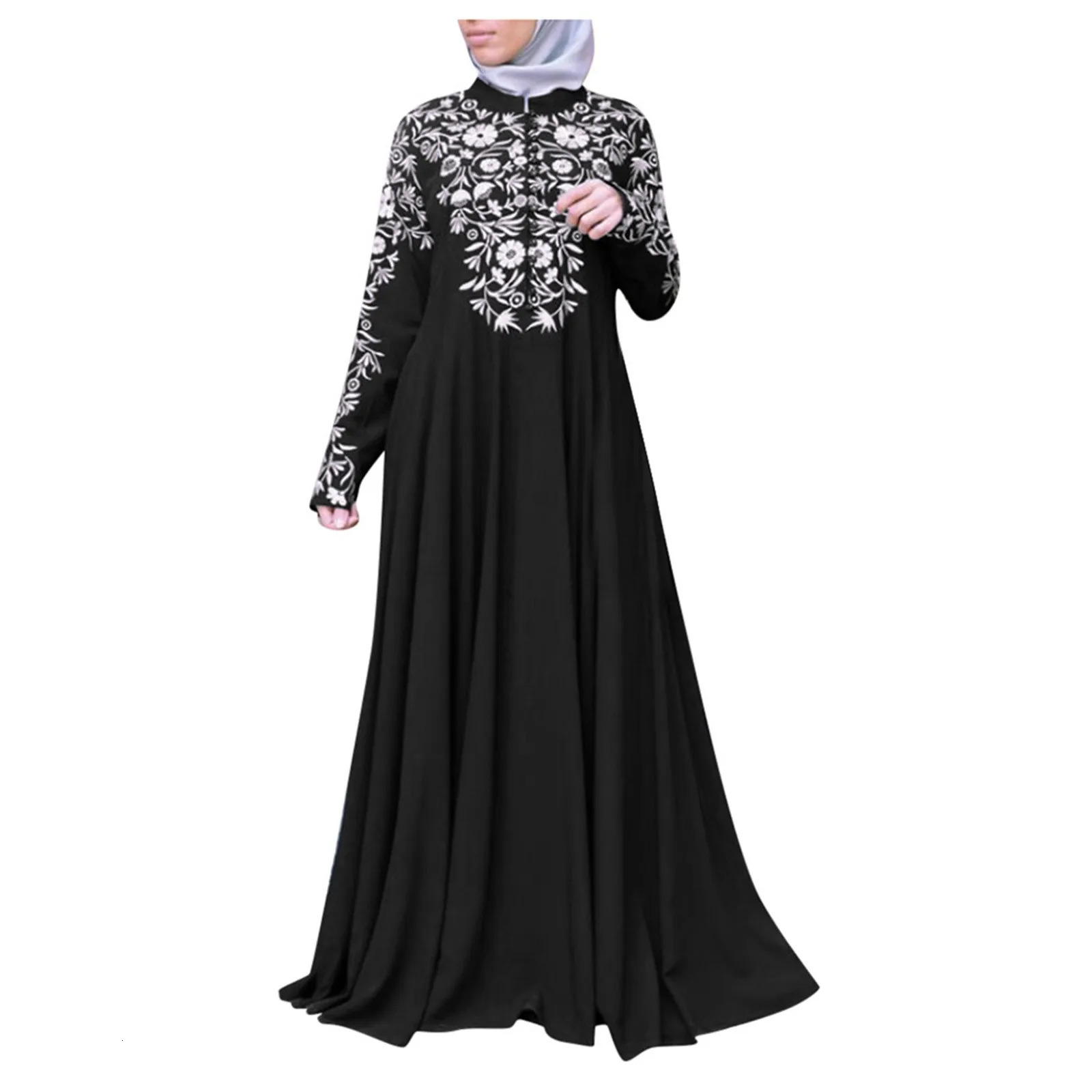 Dubai Abayas Black Elegant Dress Print Flower Islamic Prayer Clothes For Girls Ramadan Robe Long Kimono Fashion Arabic Wear 240715