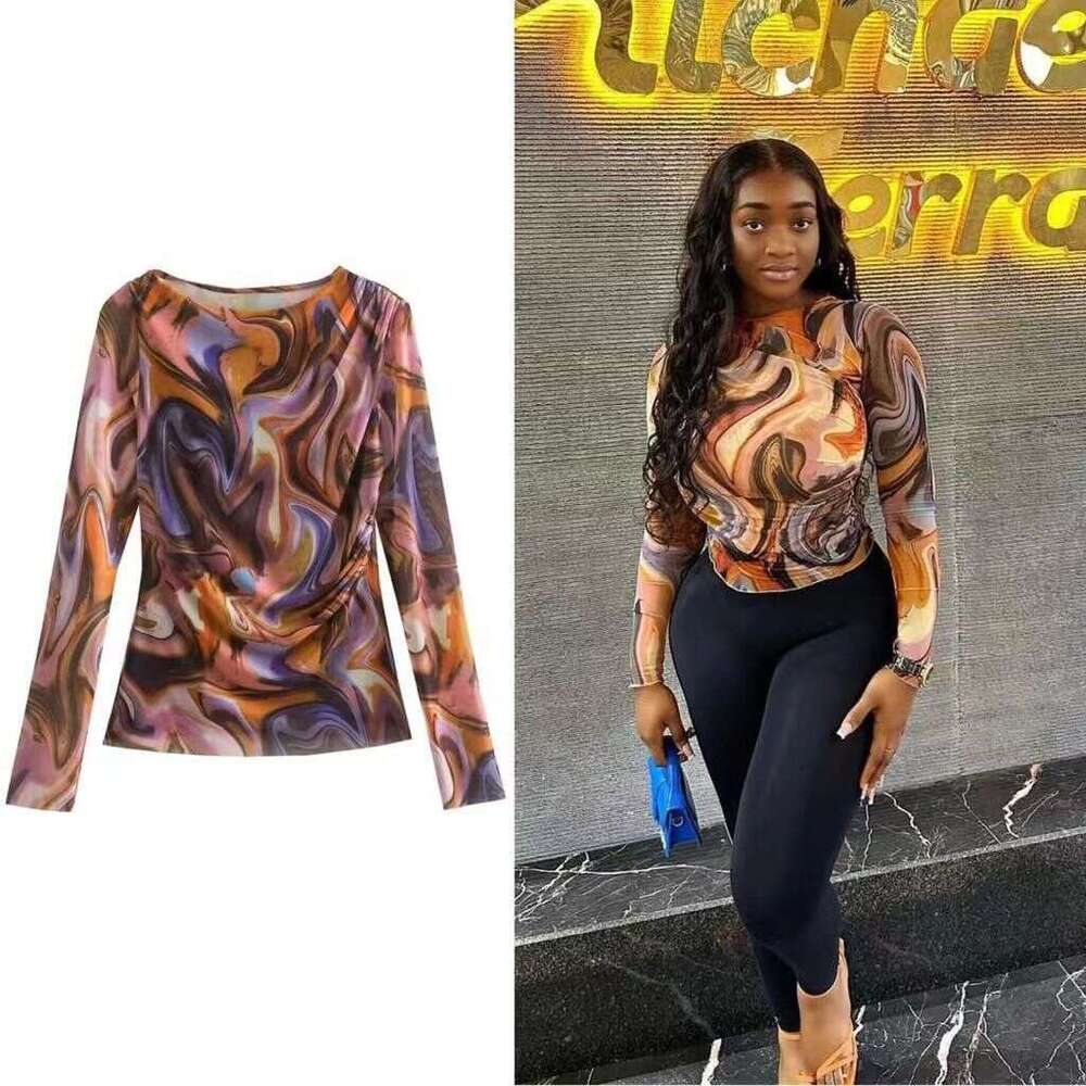 Non-ironing Gentle Wind Versatile Printing Spring New Womens Fashion Silk Screen Printed Top Lacing Half Long Skirt Set Fishtail Dress Loose Short Den