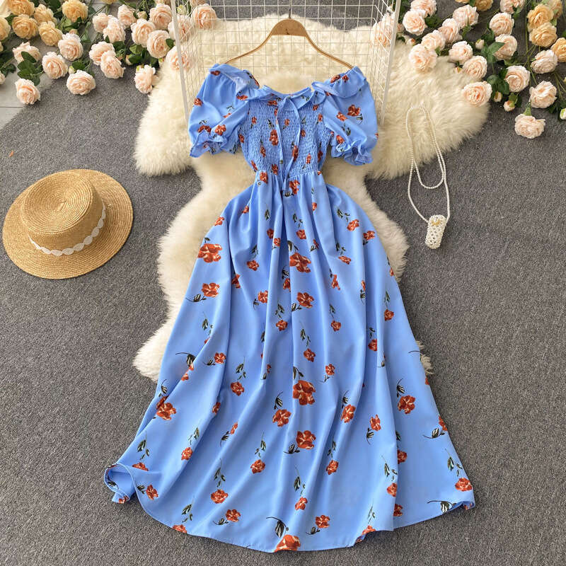 Little Fresh French Fairy Fragmented Flower with High Drawstring and Folded Waist for Slimming Big Swing Long Dress Waist Short Oversize Dress
