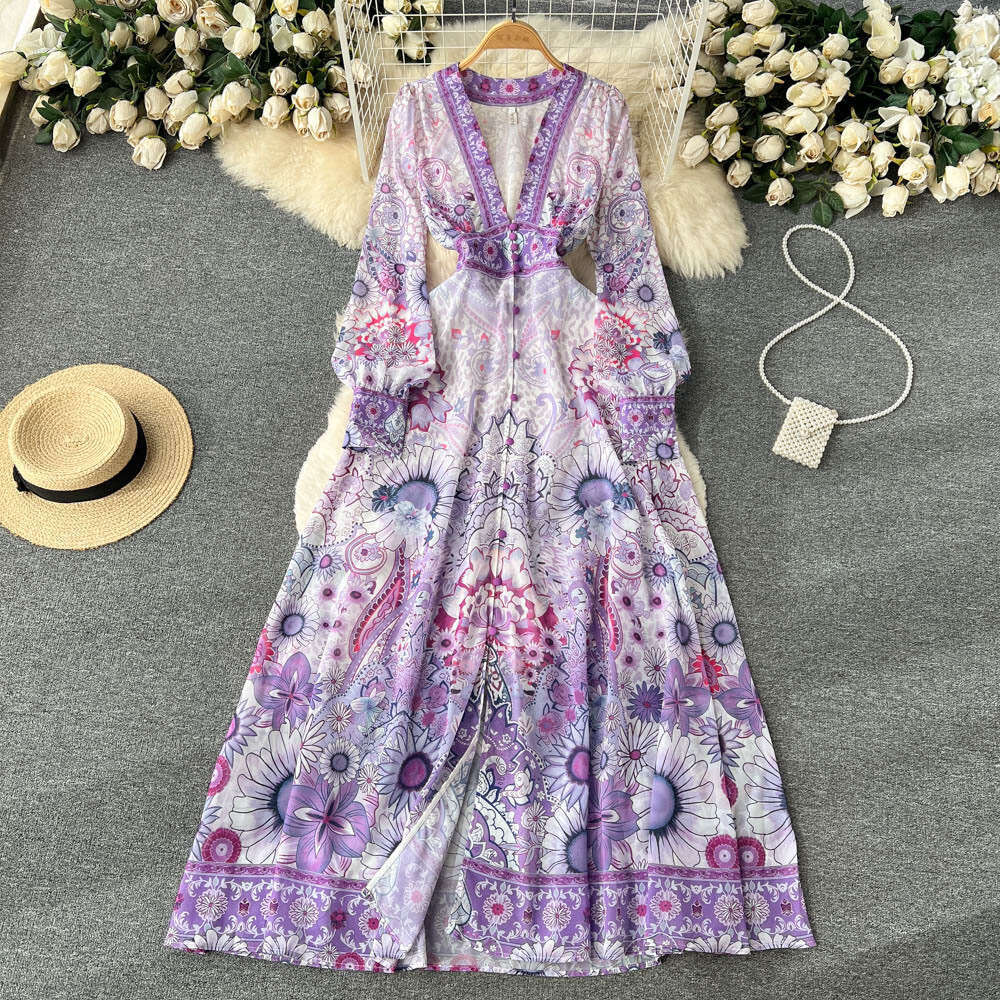 Spring and Autumn Seasonal Fake French V-neck Long Sleeved Printed Womens Waist Wrapped A-line Large Swing Dress Short Bifurcated Oversize Dress Lace 