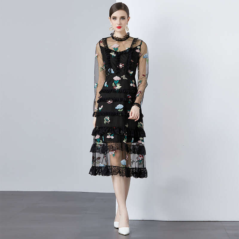 Palace Style in 2024, New Sweet Lace and Wood Ear Trim Slim Fit Fairy Dress for Women Polka Point Chiffon Long Sleeve Dress Short Temperament BOHO DRE