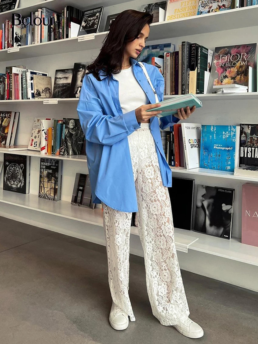 Bclout Fashion White Lace Flower Pants Women 2024 Spring Cotton Transparent Sexy Long Trousers Elegant Thin Wide Leg Pants Chic 240715