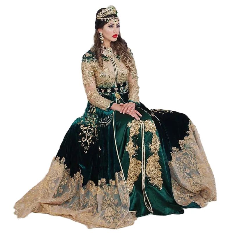 Elegant Kaftan Green Evening Dresses With Gold Lace Appliques Crystals Beaded V-Neck A-line Long Sleeves Dubai Arabic Prom Dress Muslim Islamic Formal