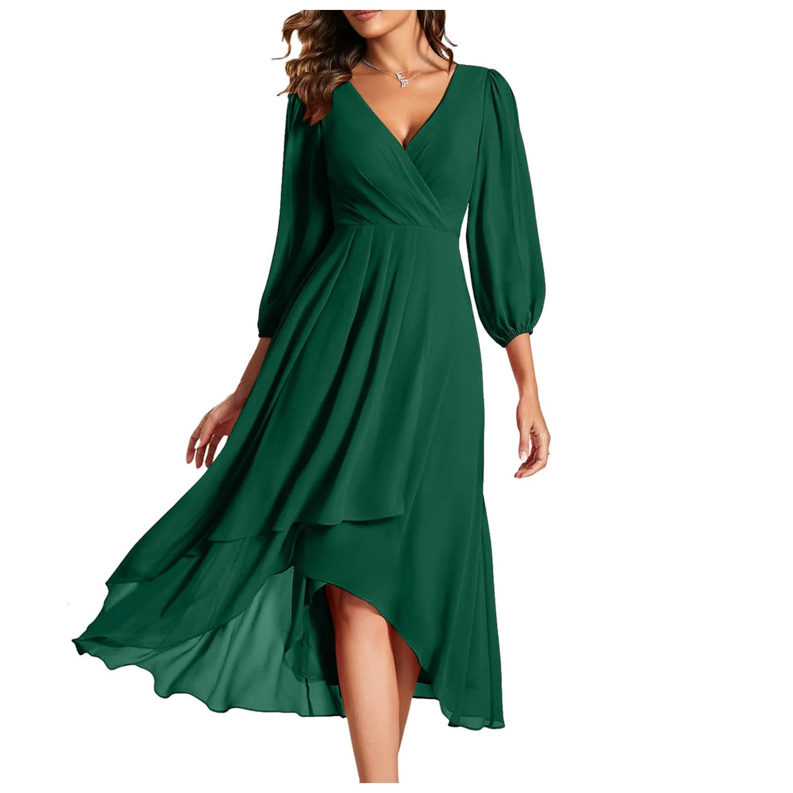 Women Chiffon Spring V Neck Long Sleeves Pleated A Line Midi Length Wedding Guest Dress High Low Dresses 240712