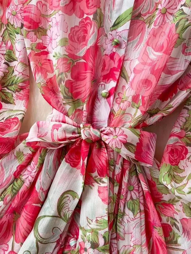 TRAF Summer Bright Silk Chiffon Gorgeous Flower A Line Dress Womens Stand Lantern Sleeve Sashes Print Loose Robe Vestidos 240712