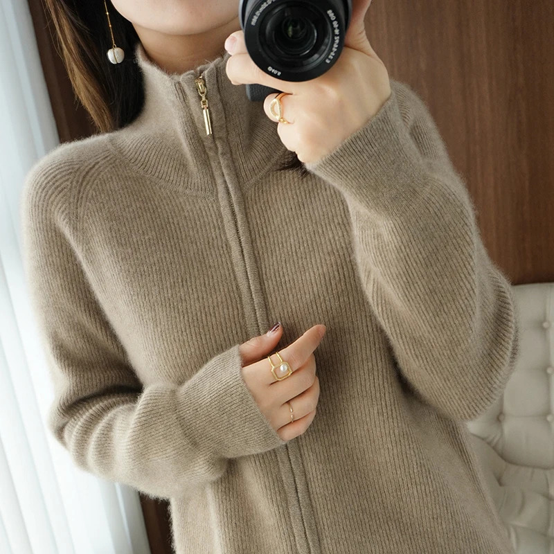 Autumn and Winter Women 100% Wool Cashmere Sweater Ladies Zipper Lapel Cardigan Warm Knitted Jacket 240712
