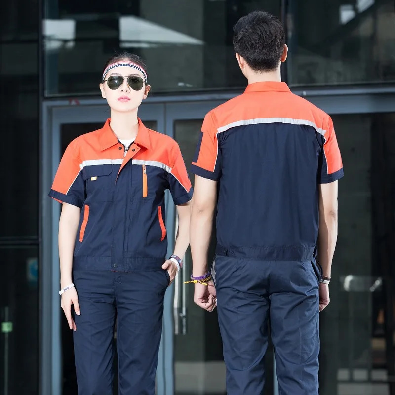 Men Workshop Wear Clothes Unisex Summer Short Sleeves Engineering Uniform Patchwork Jackets Pants Cleaner Work Wear 90 240716
