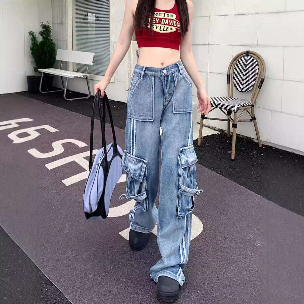 Washed Sports and Casual Wide Leg Three Bar Workwear Jeans for Women with A Slimming Design, Long Pants Super Elasticity Nine Points Military Pants fo