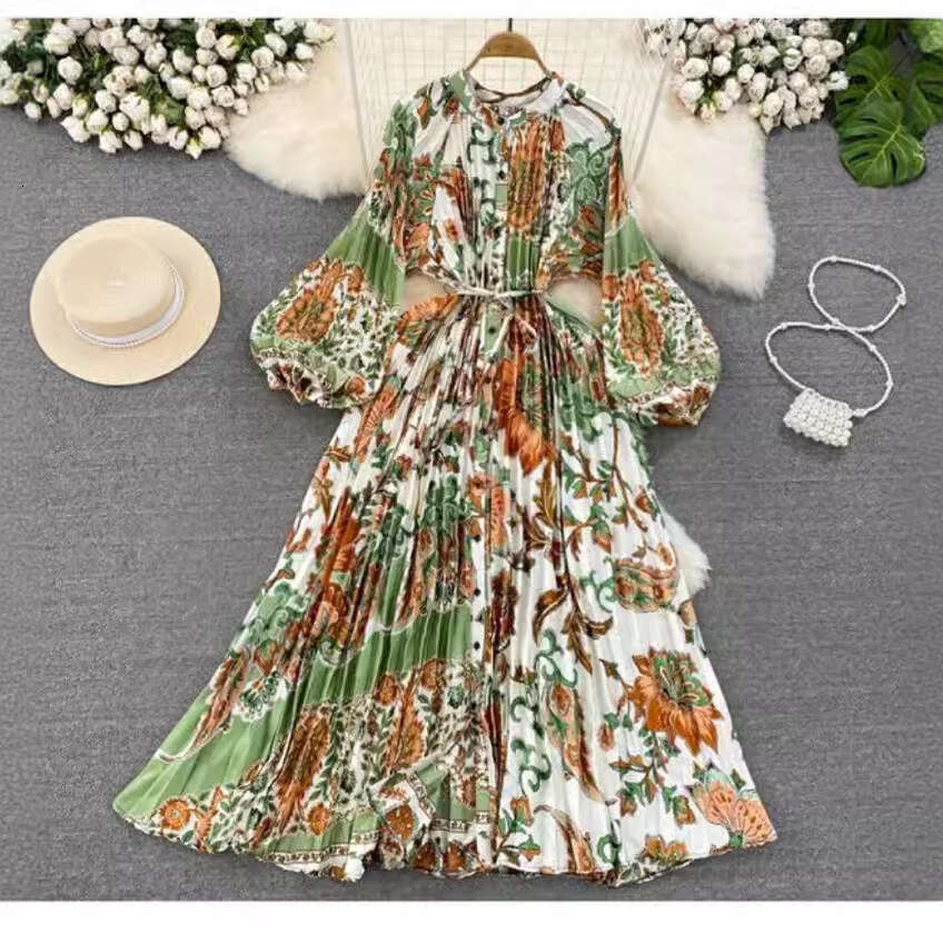 High End, Light Luxury, and Lantern Sleeved Round Neck with A Waistband That Looks Slim, Single Breasted Printed Dress, Elegant Long Skirt High Waist 