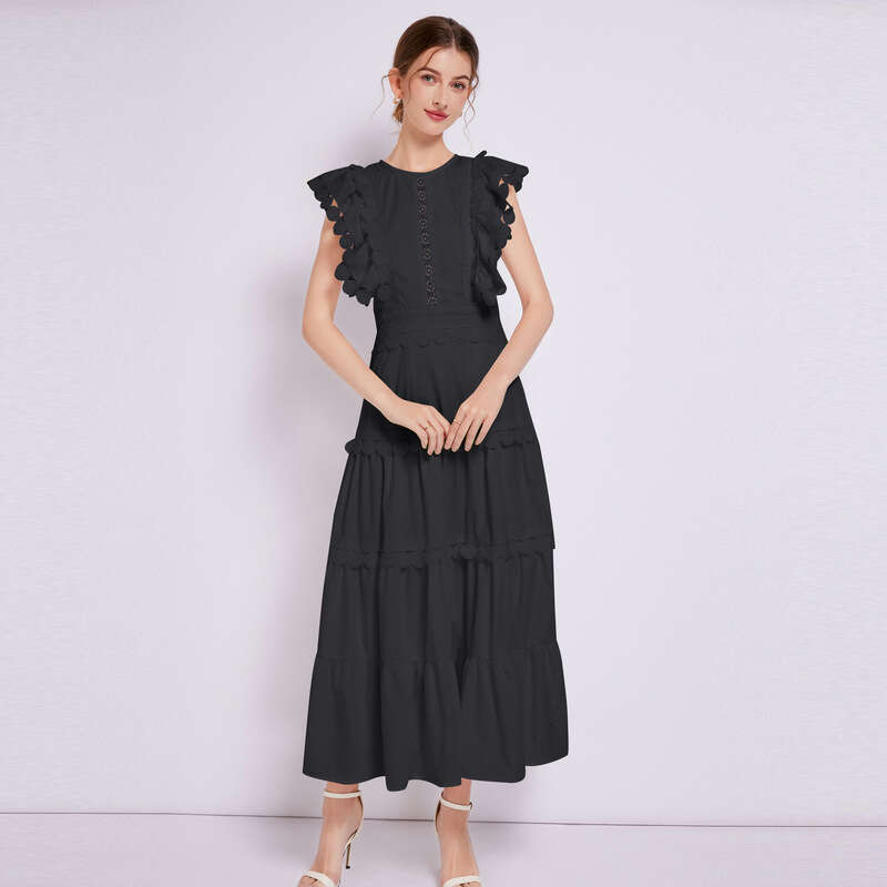 French Heavy Industry Embroidery Round Neck Flying Sleeves Waist Collection Design Solid Color Womens Dress A-line New Product Novelty Denim Dress Sil