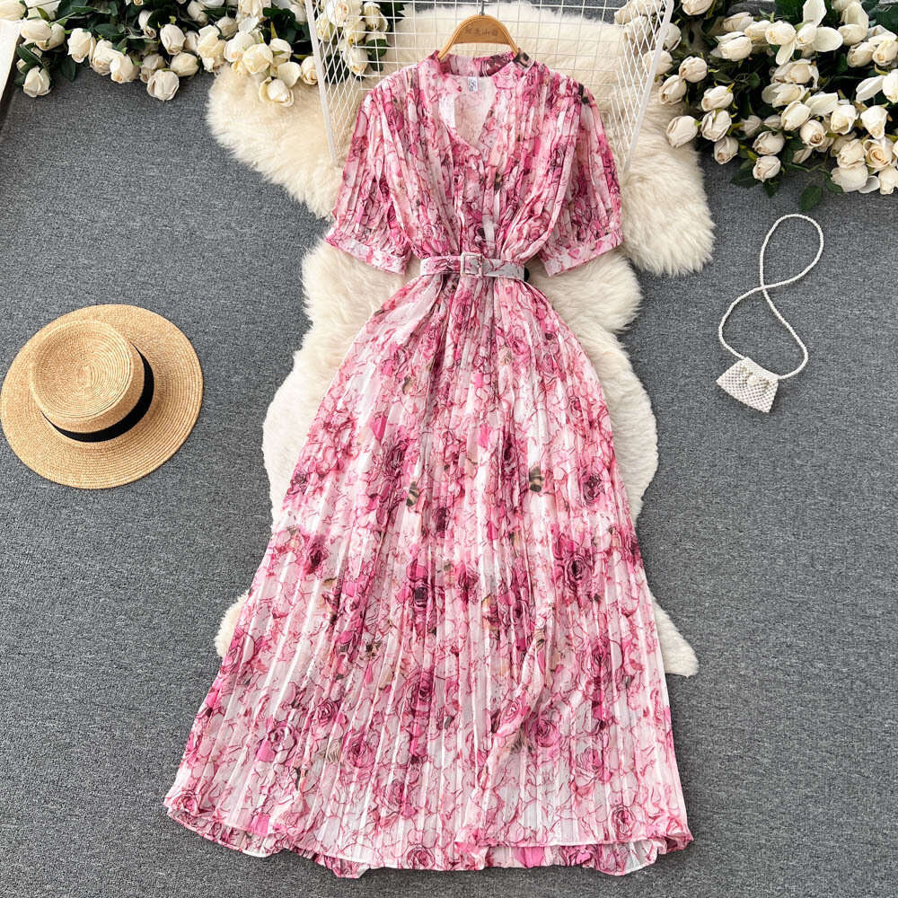 French Waistband with Slimming Design and A Small Crowd Pressure Pleated Bubble Sleeve Dress for Womens Clothing Korean Style Floral Long Skirt Oversi