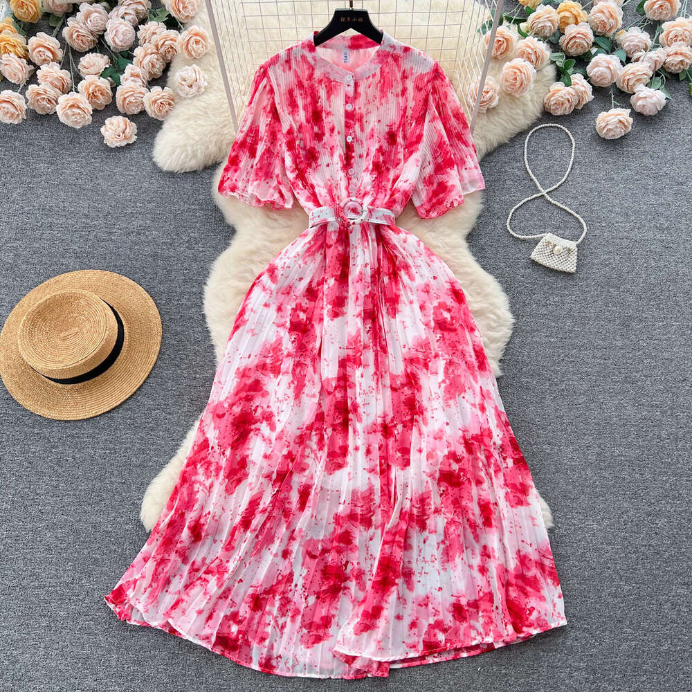Light Luxury Elegant Round Neck Short Sleeved Halo Dyed Chiffon Dress for Women in Summer, with Slim Waist and A Large Hem Long Skirt Pregnant Womens 