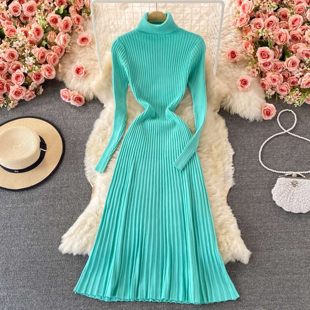 Underlay Coat with Pleated Long Fit and Slim Fit, Half High Collar, Knee Length Sweater Skirt, Knitted Dress Short Self-cultivation BOHO DRESS