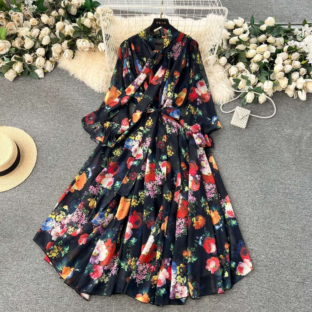 French and Elegant Dressing Spring Lace Up Bow Neck Slim Fit Long Swing Chiffon Vacation Dress Sexy Dress Self-cultivation Novelty High Waist Dress