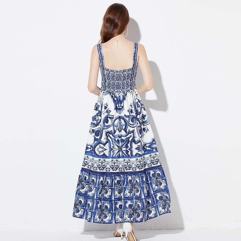 Vacation Style Blue and White Porcelain Beautiful Camisole Long 2023 Summer New Waistband Pressed Pleated Commuting Printed Dress Novelty Short Denim 