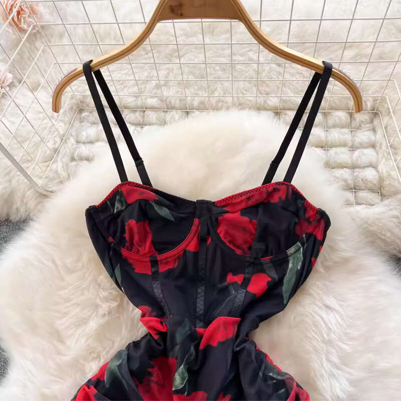 Summer Vacation Style Korean Chic Mesh Chiffon Printed Waistband French Long Dress Short Bifurcated Loose Novelty Self-cultivation SKINNY DRESS Oversi