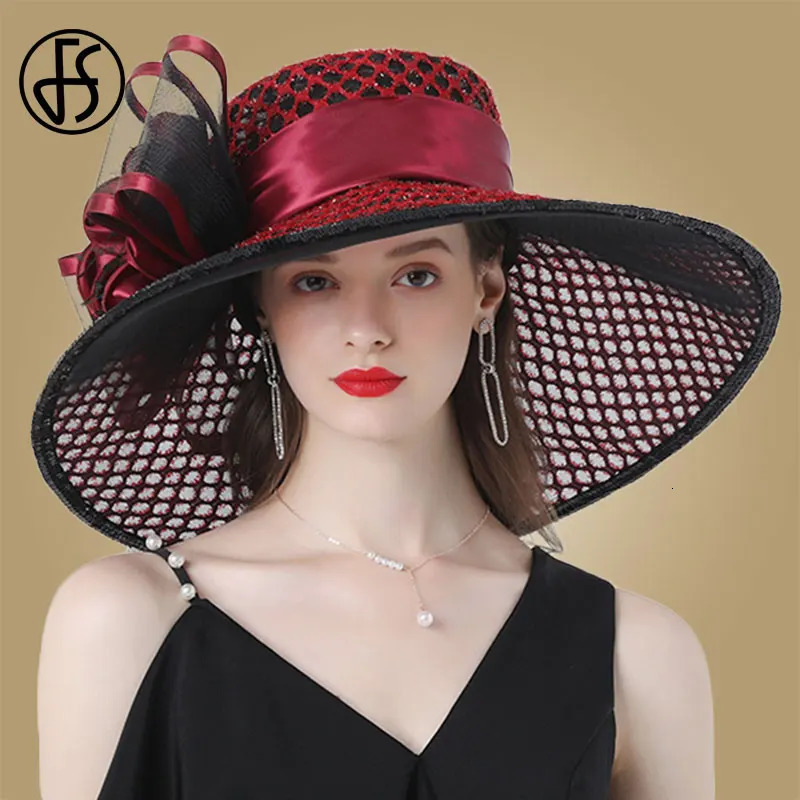 FS Fascinator Hats Wedding Bride Derby Hats For Women Ladies Church Hat Flower Hats Large Wide Brim Fedora Organza Hat 240621